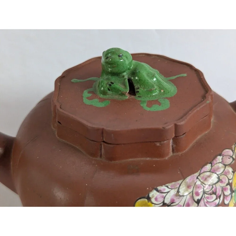 Vtg Yixing Zisha Clay Teapot W/ Enamel Floral & Bird Design 5